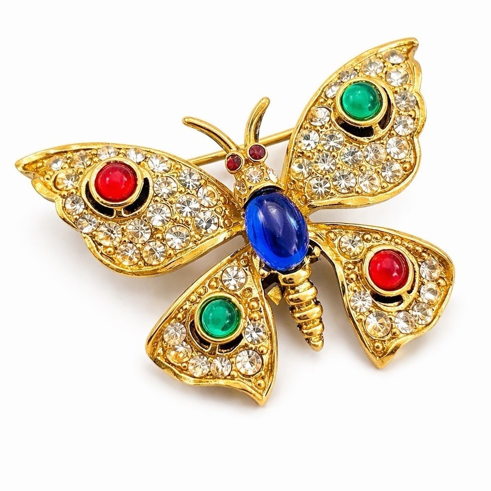 Vintage Gold Tone Rhinestone Butterfly Brooch Red Green Blue Glass Cabochon 1.5"